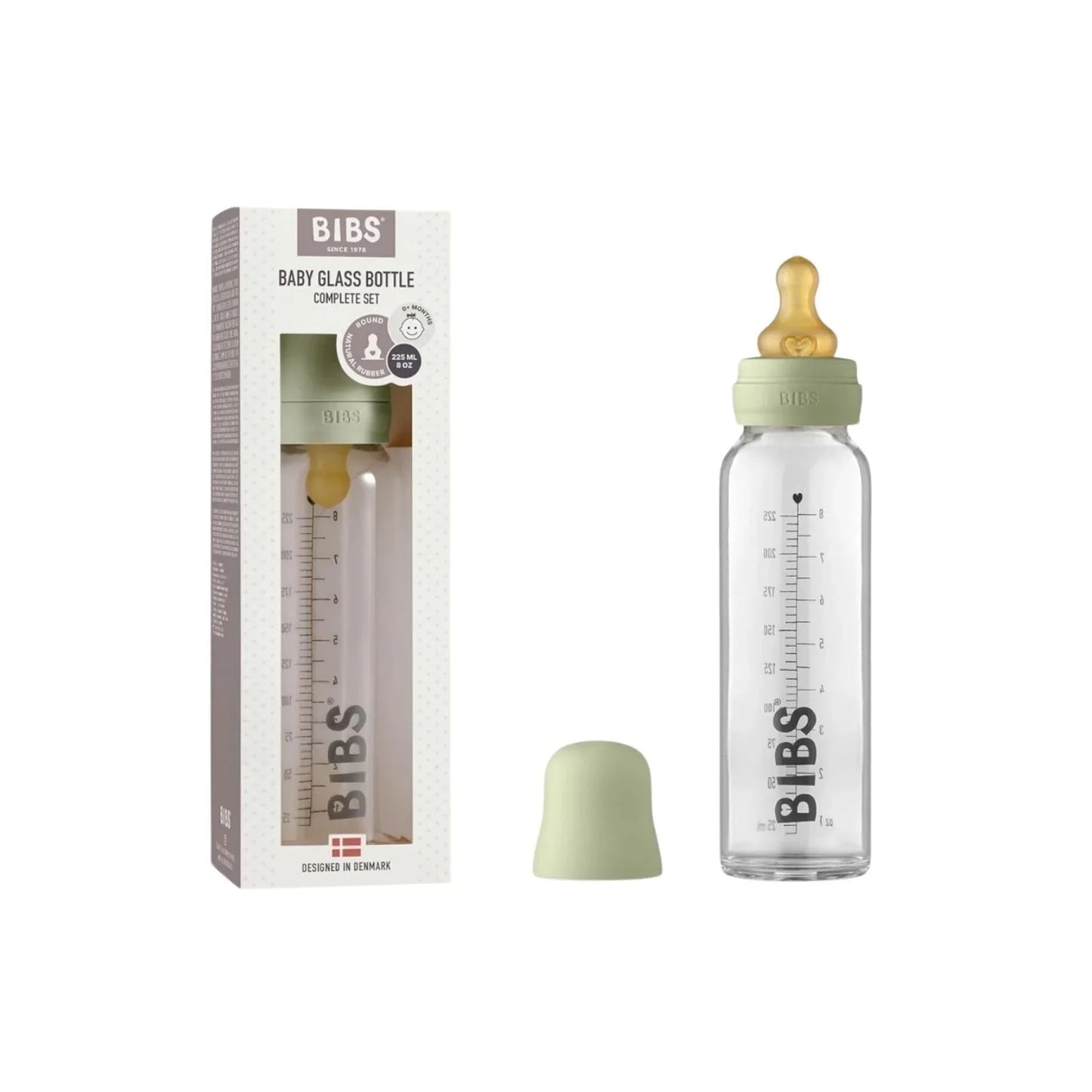 Biberon en verre BIBS pour bébé, ensemble complet, latex, 225 ml - Sauge