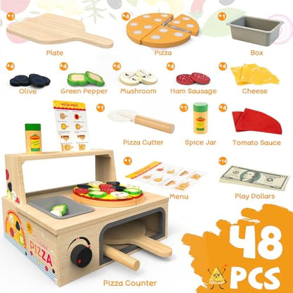 Wooden Pizza Counter Play Set Top & Bake Toy Set with Pizza Cutter 49 PCS Pretend Play Food Kitchen Set Toys for Preschoolers Kids Boys Girls Ages 3+