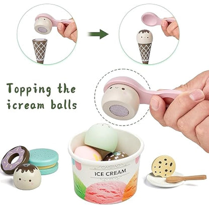 medoga Wooden Ice Cream Toy, 3-in-1 Ice Cream Counter with Coffee Maker 28 PCS Toddler Pretend Play Kitchen Accessories Wooden Toys for 3 4 5 6 Year Old Girl or Boy (Ice Cream)