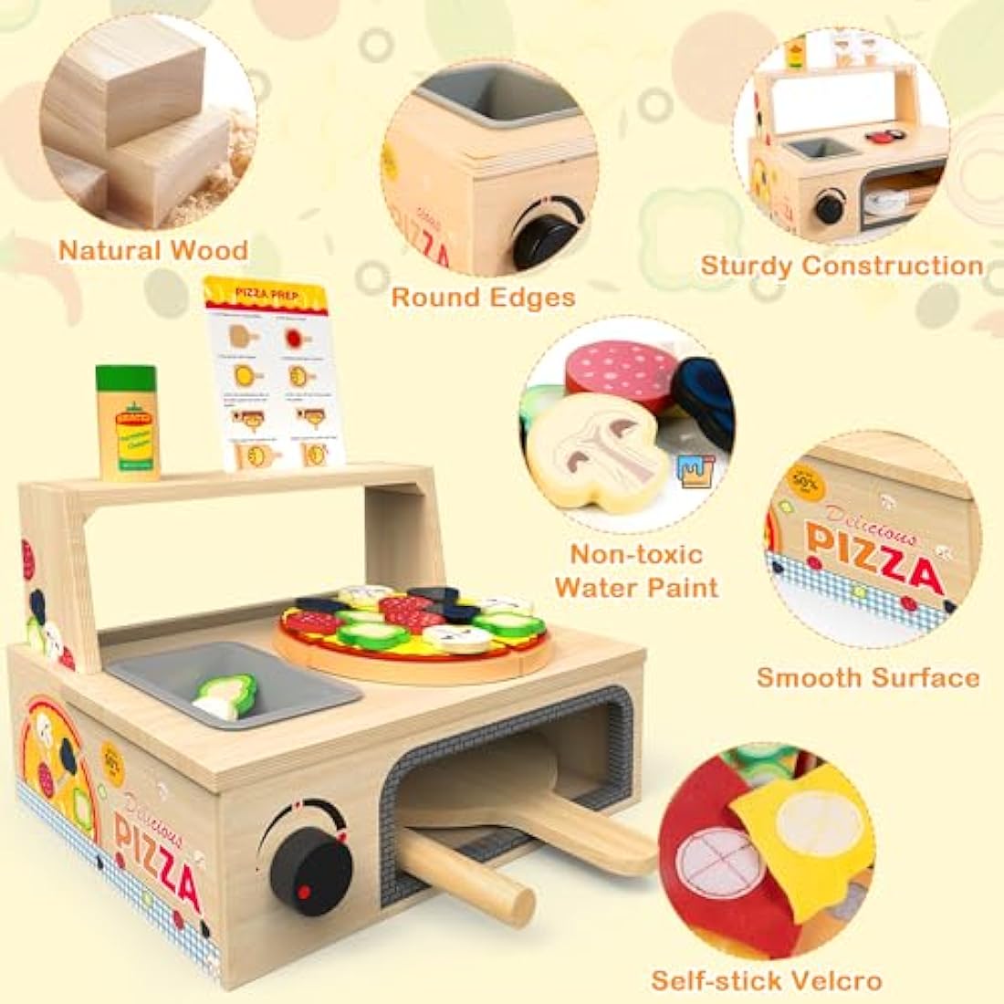 Wooden Pizza Counter Play Set Top & Bake Toy Set with Pizza Cutter 49 PCS Pretend Play Food Kitchen Set Toys for Preschoolers Kids Boys Girls Ages 3+
