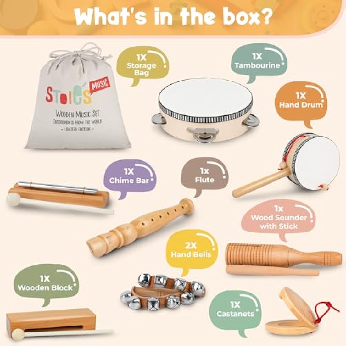 Stoie's Wooden Kids Musical Instruments for 1-9 years old, with Drum, Hand Bells, Flute, Maracas, Castanet, Tambourine, for Babies and Toddlers, Durable, Safe, Montessori Educational Toy, Storage Bag