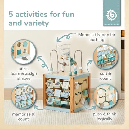 Bieco Scandi-Chic Motor Skills Cube | Motor Skills Toy from 1 Year | Modern Activity Centre Baby | Motor Skills Cube Wooden Activity Cube Baby with Plug-In Game and Motor Skills Loop