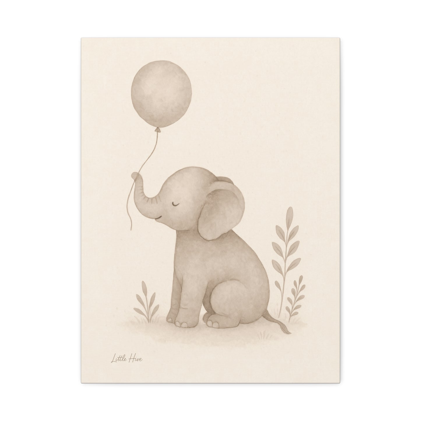 Baby Elephant Holding a Balloon — Nursery Stretched Canvas (Neutral Baby Room Wall Art)