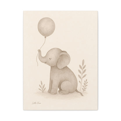 Baby Elephant Holding a Balloon — Nursery Stretched Canvas (Neutral Baby Room Wall Art)