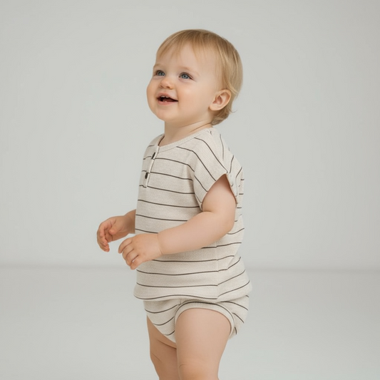 Beige Stripe Short Sleeve Top & Bloomer Set