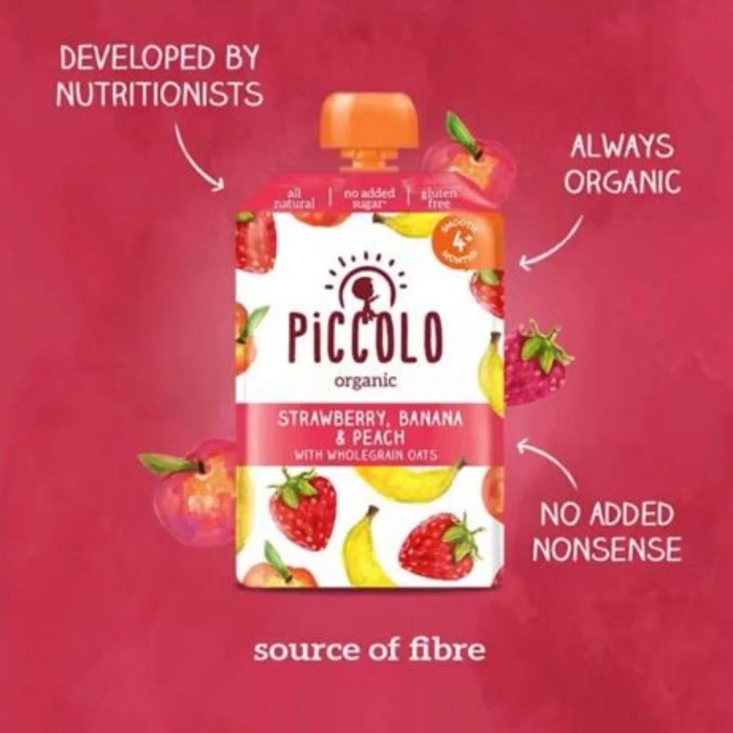 Piccolo Bio Fraise Banane &amp; Pêche 4+ mois 100g