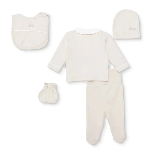 Bebetto Boys 5-Piece Newborn Hospital Set Snap Fastening Little Boss Shirt Collar Full Length Long S - Beige