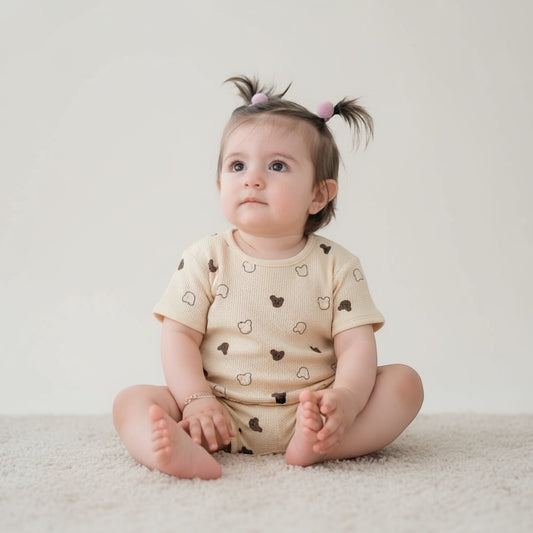 Beige Waffle Teddy Print Top & Shorts Set