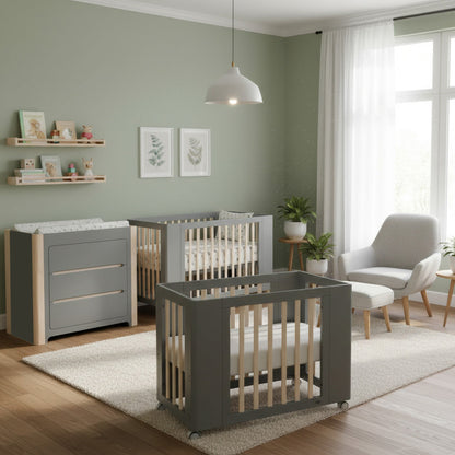Cocoon Evoke 4-in-1 Cotbed + Change Area Dresser + Mattresses, Dove Grey / Natural Wash