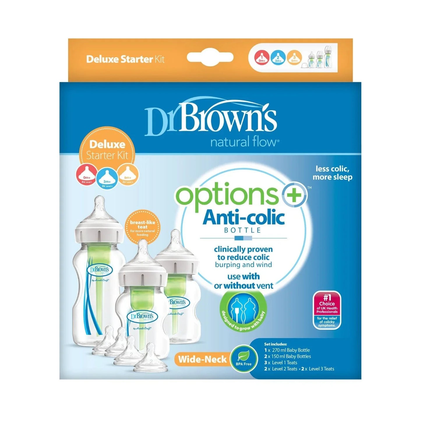 Kit de démarrage de biberons anti-coliques Dr. Brown's Options+ à col large