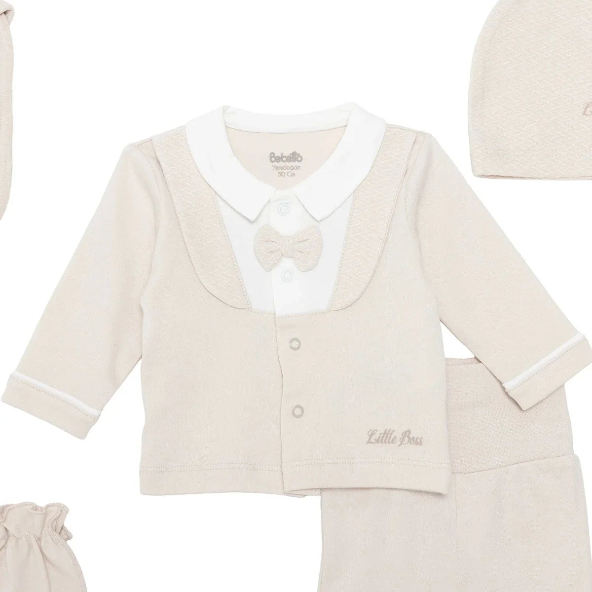 Bebetto Boys 5-Piece Newborn Hospital Set Snap Fastening Little Boss Shirt Collar Full Length Long S - Beige