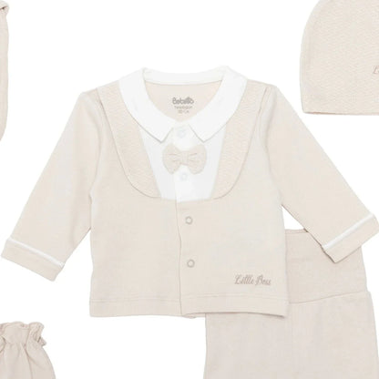 Bebetto Boys 5-Piece Newborn Hospital Set Snap Fastening Little Boss Shirt Collar Full Length Long S - Beige