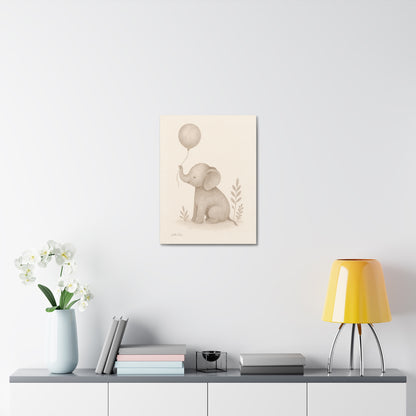 Baby Elephant Holding a Balloon — Nursery Stretched Canvas (Neutral Baby Room Wall Art)