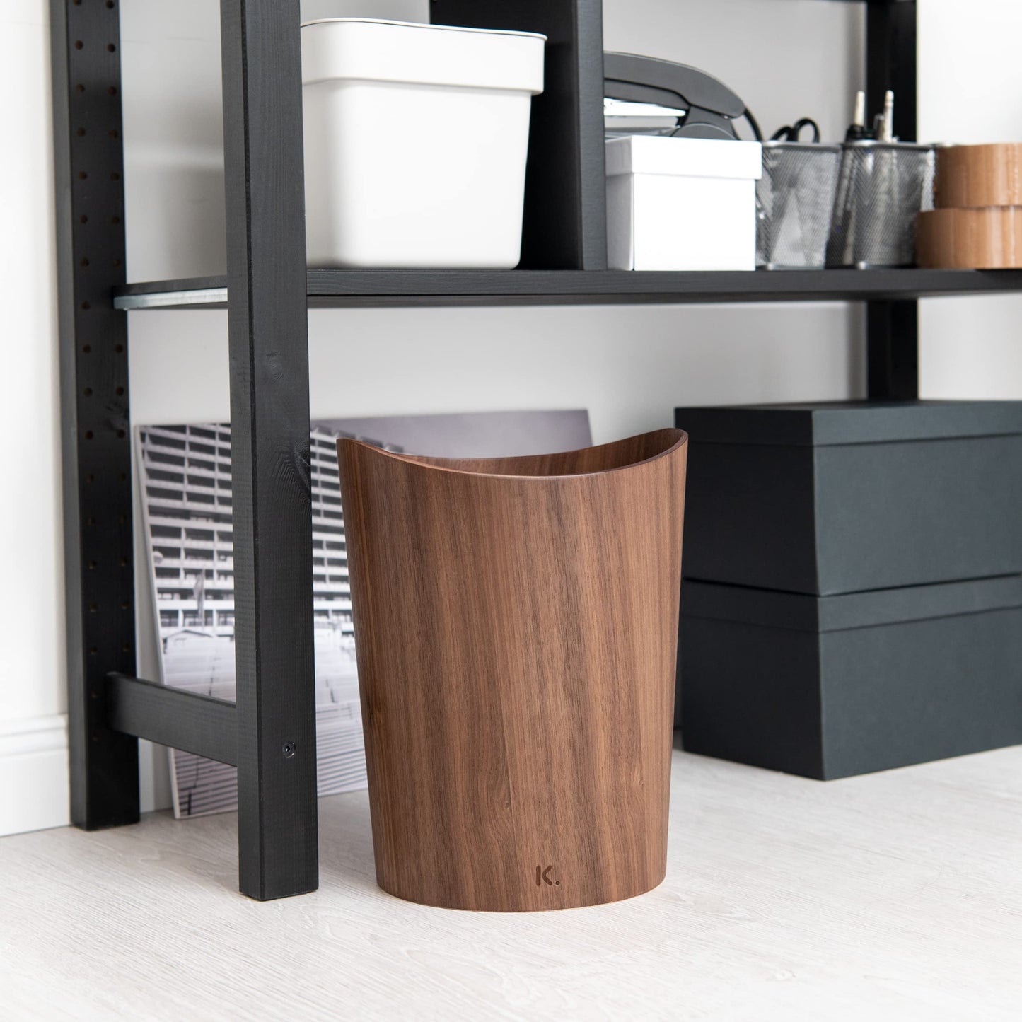Kazai. Real Wood Waste Paper Bin Brje | Wooden Paper Basket for Office, Kids' Room, Bedroom and more | 9 liters | Walnut