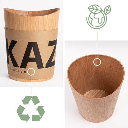 Kazai. Real Wood Waste Paper Bin Brje | Wooden Paper Basket for Office, Kids' Room, Bedroom and more | 9 liters | Oak