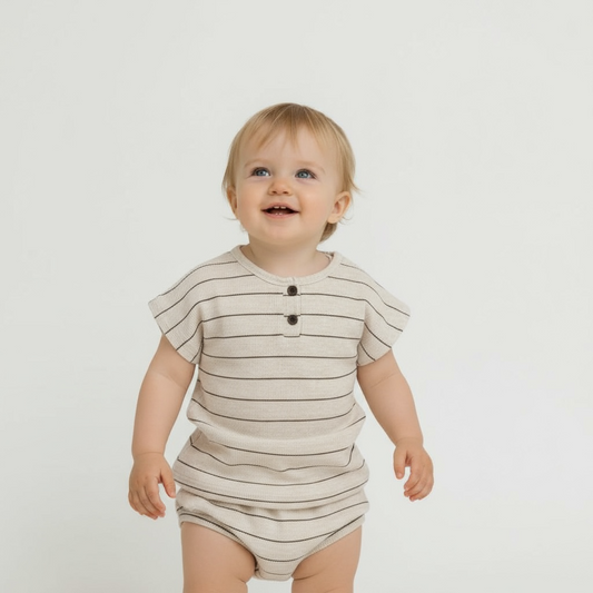 Beige Stripe Short Sleeve Top & Bloomer Set