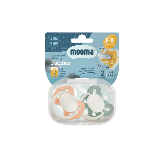 Mooma Clown & Butterfly Soothers 6-18 months Pack of 2 - Light Orange & River Green