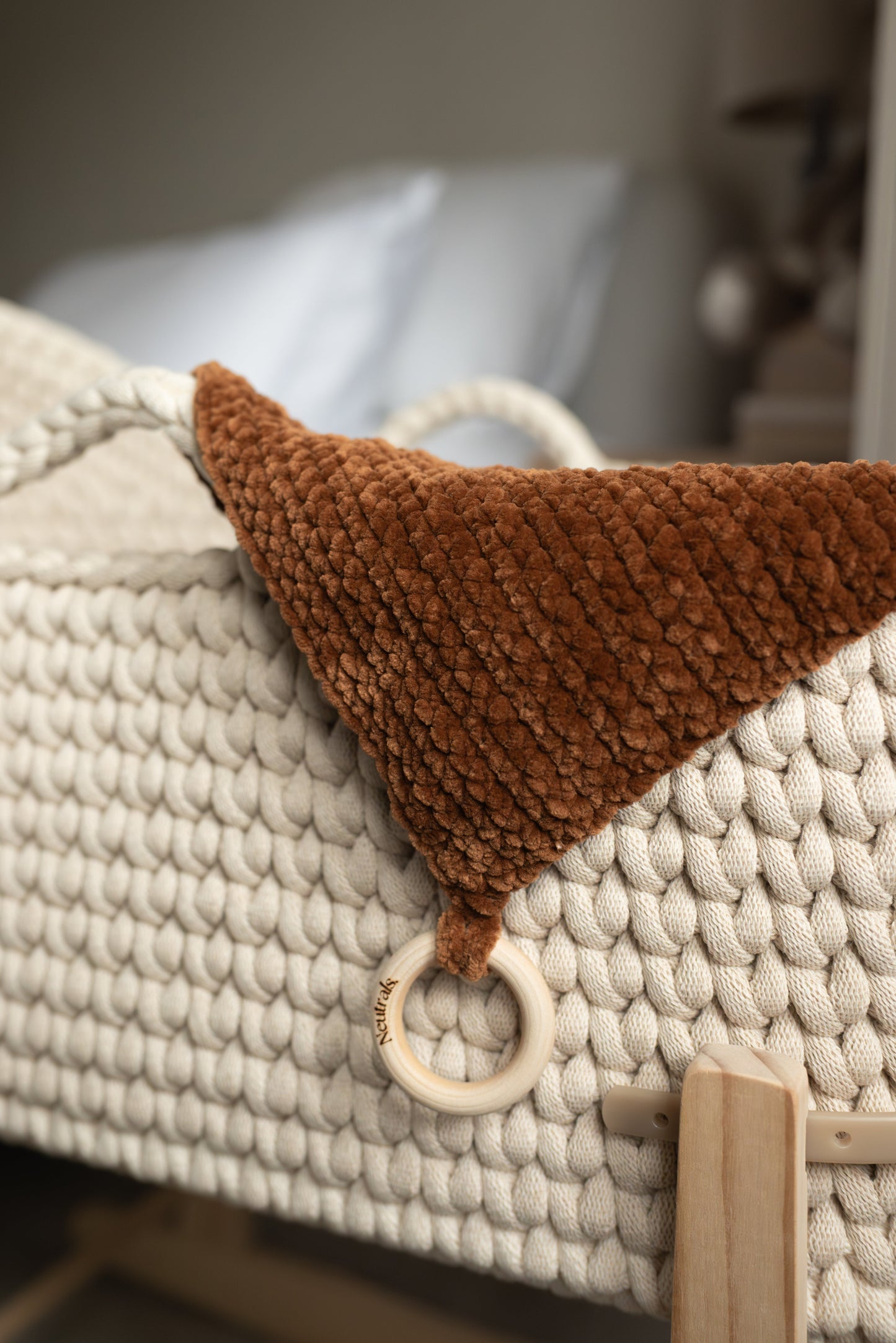 Soft Baby Comforter – Neutral Handmade with Wooden Ring