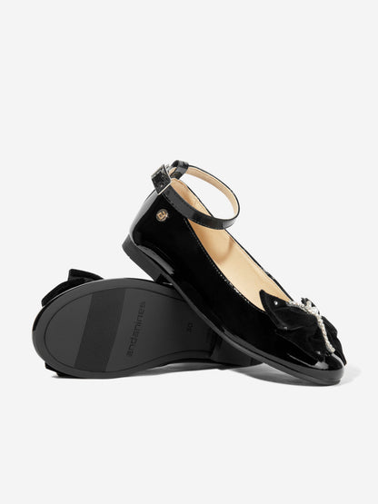Andanines Girls Patent Leather Bow Ankle Strap Shoes in Black