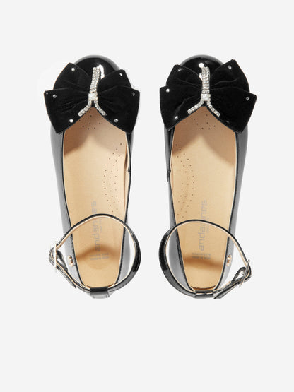 Andanines Girls Patent Leather Bow Ankle Strap Shoes in Black