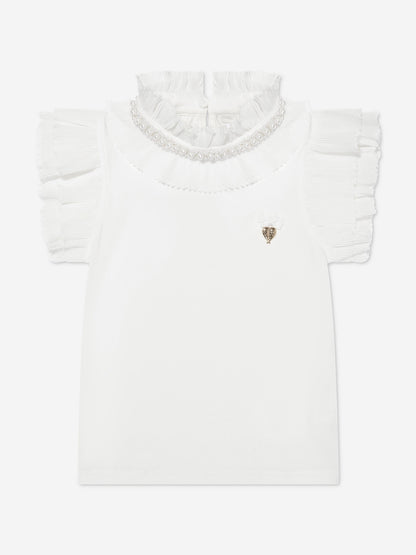 Angels Face Girls Pearlee Pleated Pearl Collar Top in White
