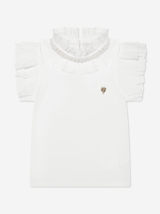 Angels Face Girls Pearlee Pleated Pearl Collar Top in White