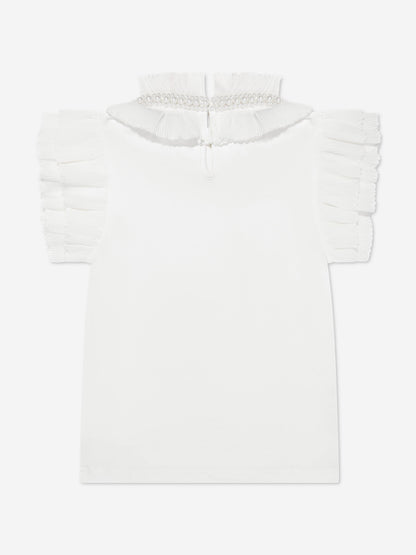 Angels Face Girls Pearlee Pleated Pearl Collar Top in White