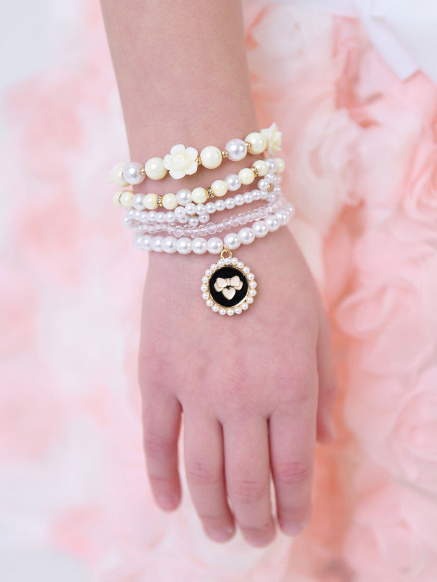 Angels Face Girls Pearl and Pendant Bracelet Set in White
