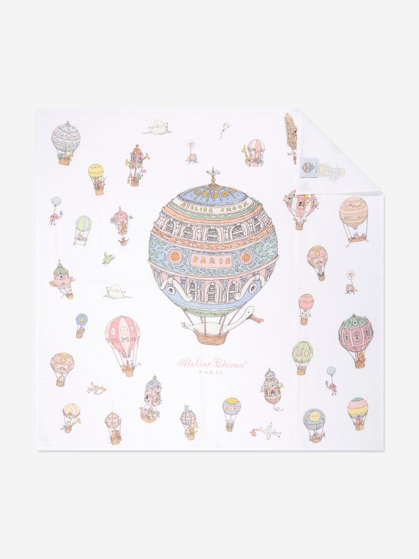 Atelier Choux Baby Hot Air Balloons Swaddle And Satin Bib Set in White