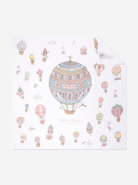 Atelier Choux Baby Hot Air Balloons Swaddle And Satin Bib Set in White