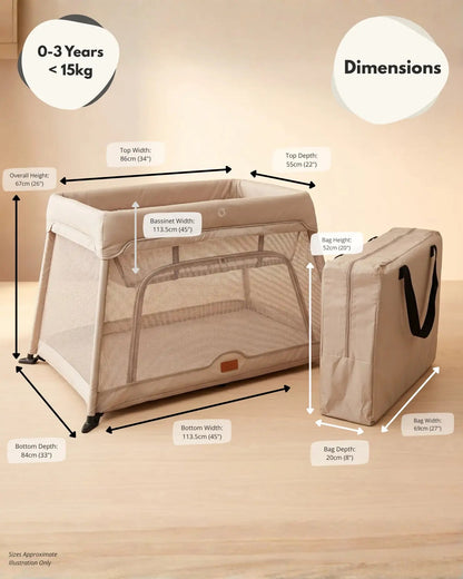 Airpod 3 Travel Cot Includes Newborn Bassinet Insert - Beige