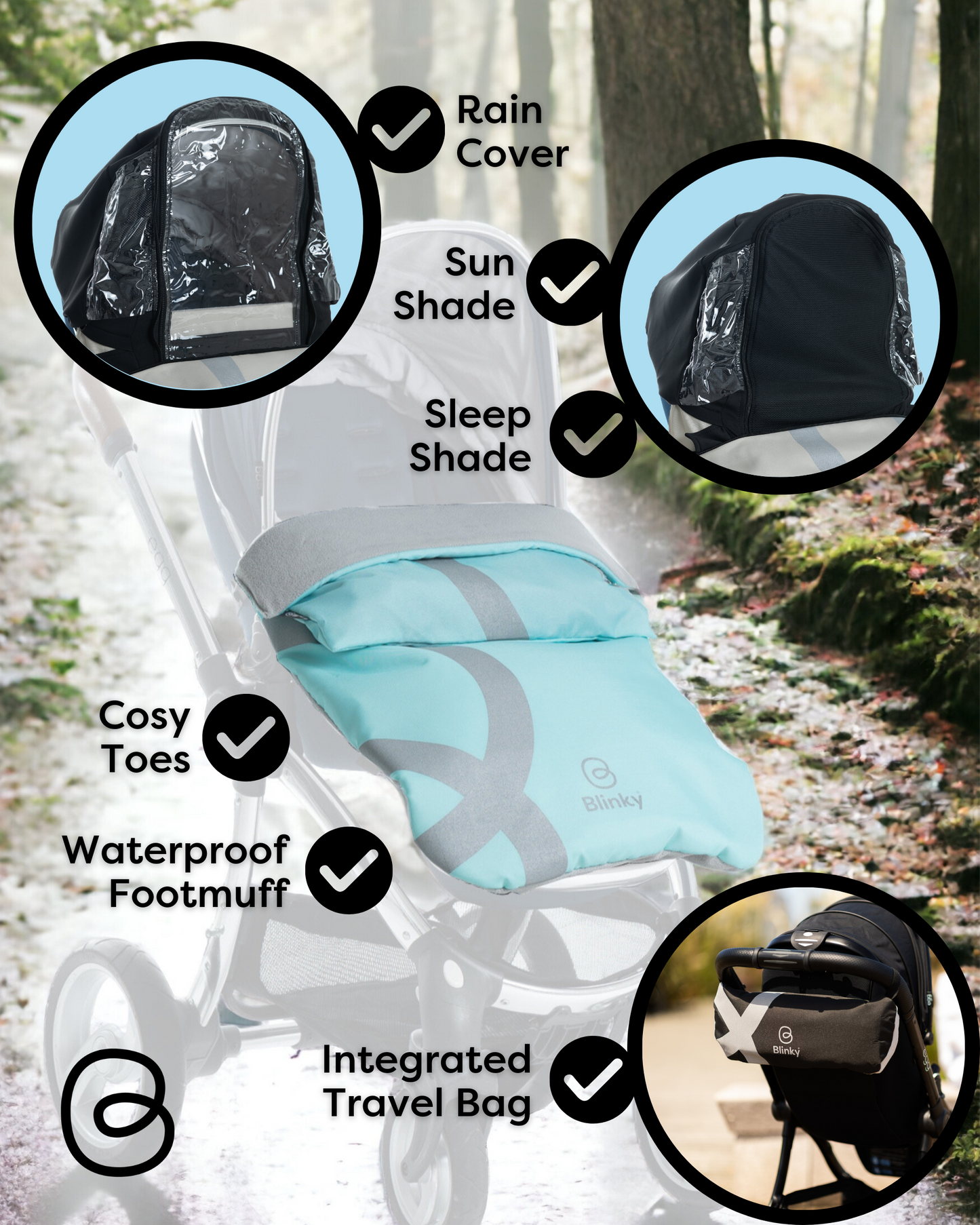 BlinkyWarm - Universal All Season Buggy Rain Cover / Sunshade UV50+/ Footmuff - Seafoam Blue