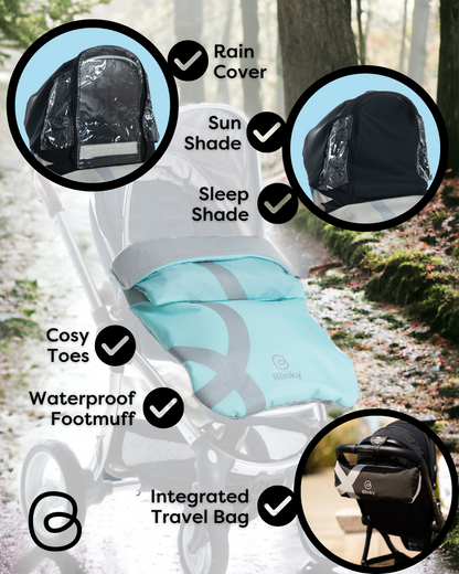 BlinkyWarm - Universal All Season Buggy Rain Cover / Sunshade UV50+/ Footmuff - Seafoam Blue