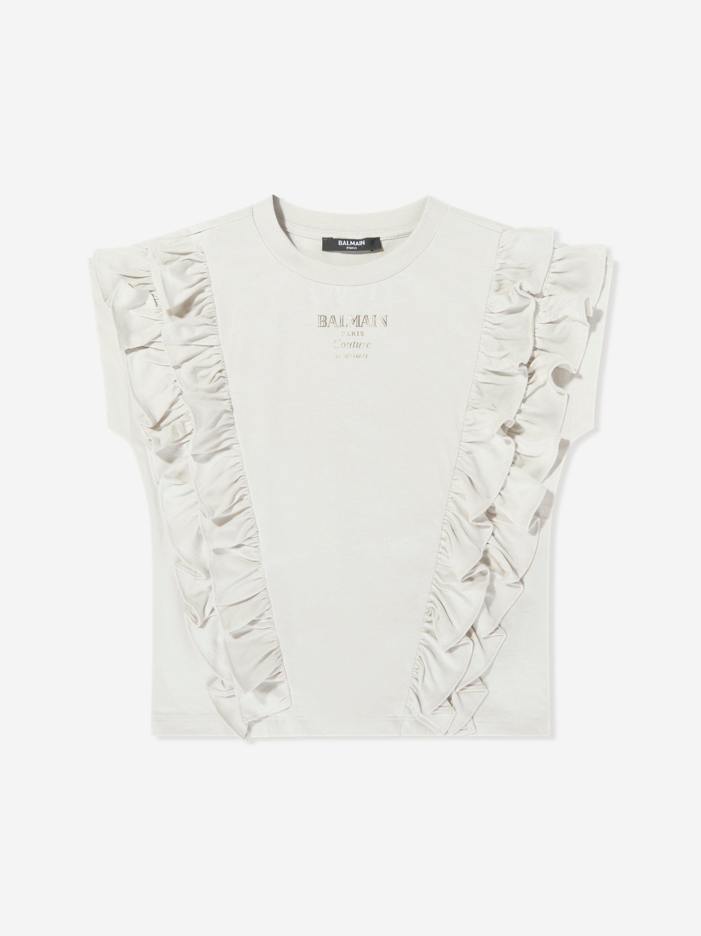 Balmain Girls Logo Ruffle Top in Beige