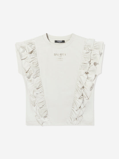 Balmain Girls Logo Ruffle Top in Beige