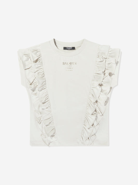 Balmain Girls Logo Ruffle Top in Beige