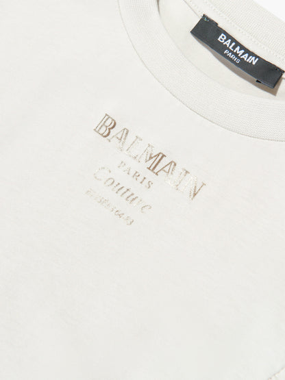 Balmain Girls Logo Ruffle Top in Beige