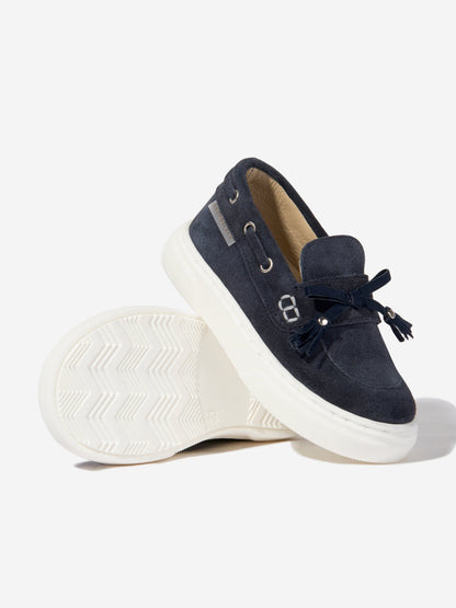 BABYWALKER Boys Suede Bow and Fringe Loafers in Navy