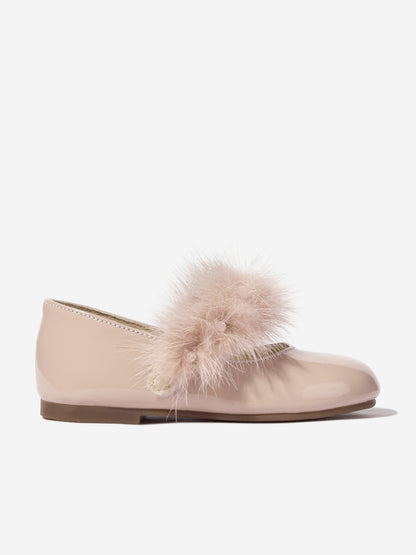 BABYWALKER Girls Patent Leather Faux Fur Trim Ballerinas in Pink