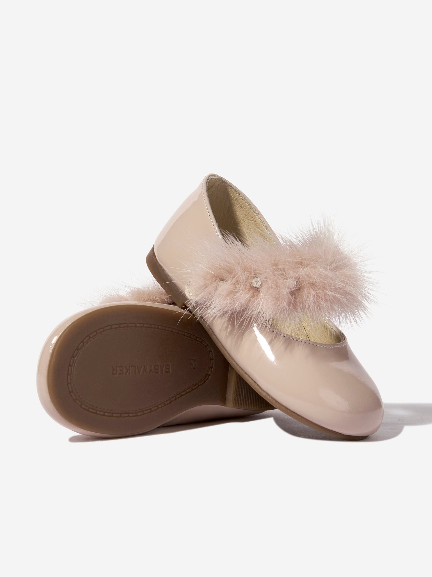 BABYWALKER Girls Patent Leather Faux Fur Trim Ballerinas in Pink