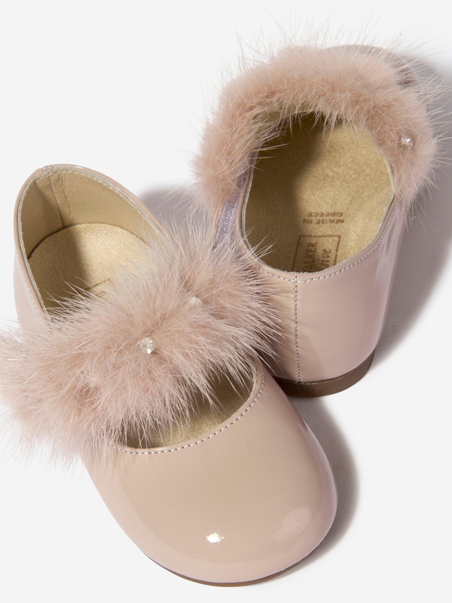 BABYWALKER Girls Patent Leather Faux Fur Trim Ballerinas in Pink