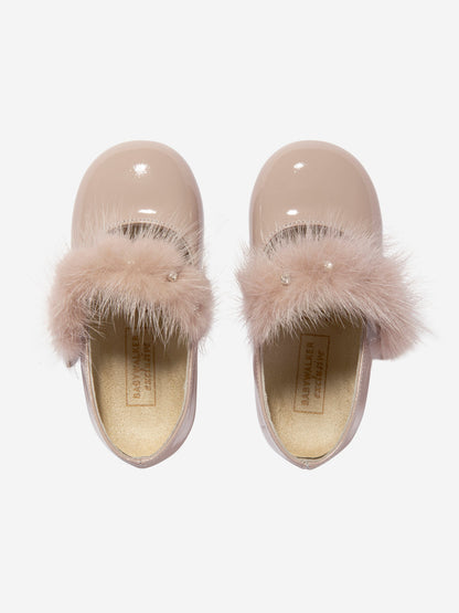BABYWALKER Girls Patent Leather Faux Fur Trim Ballerinas in Pink