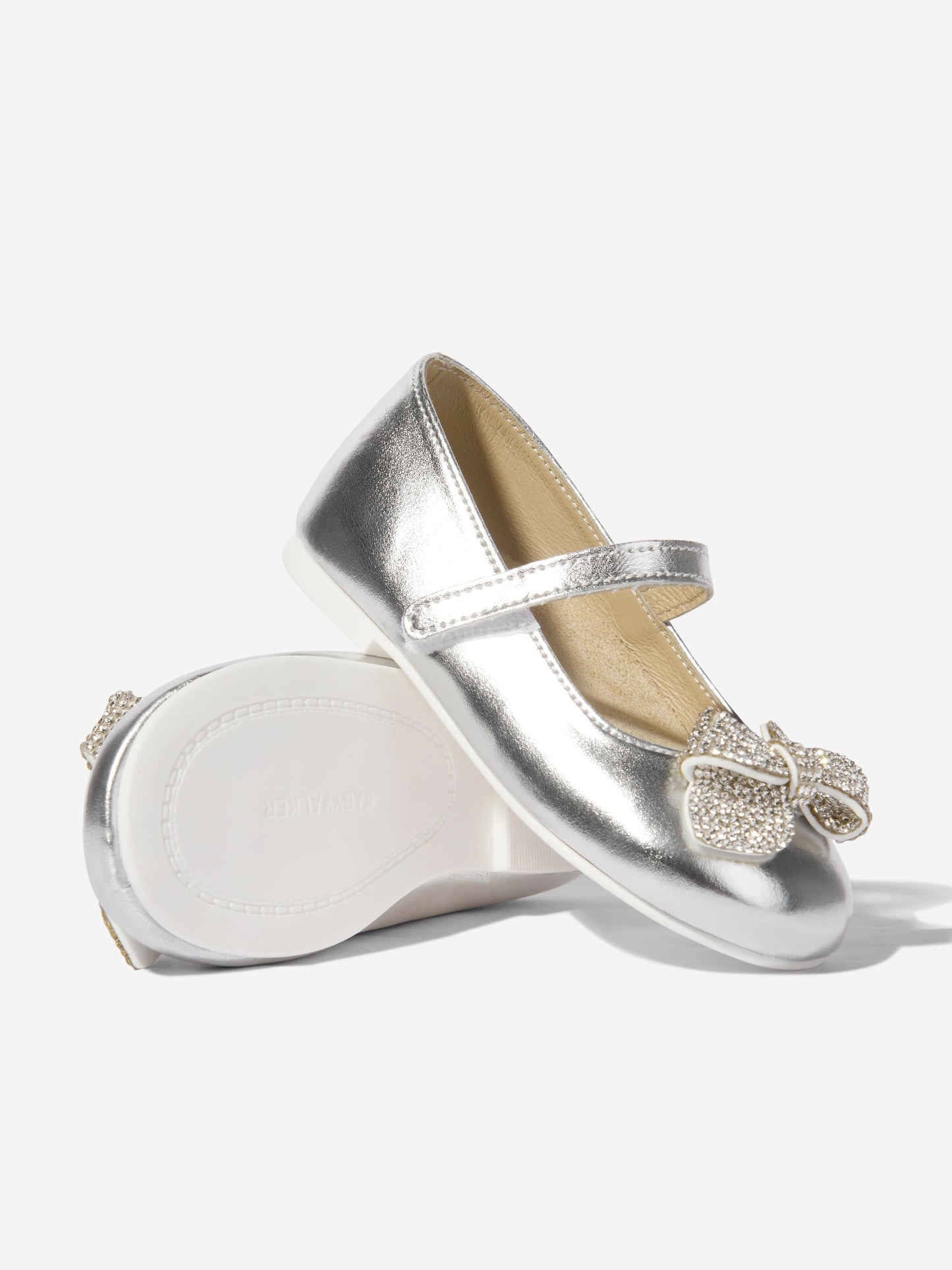 BABYWALKER Girls Leather Crystal Bow Ballerinas in Silver