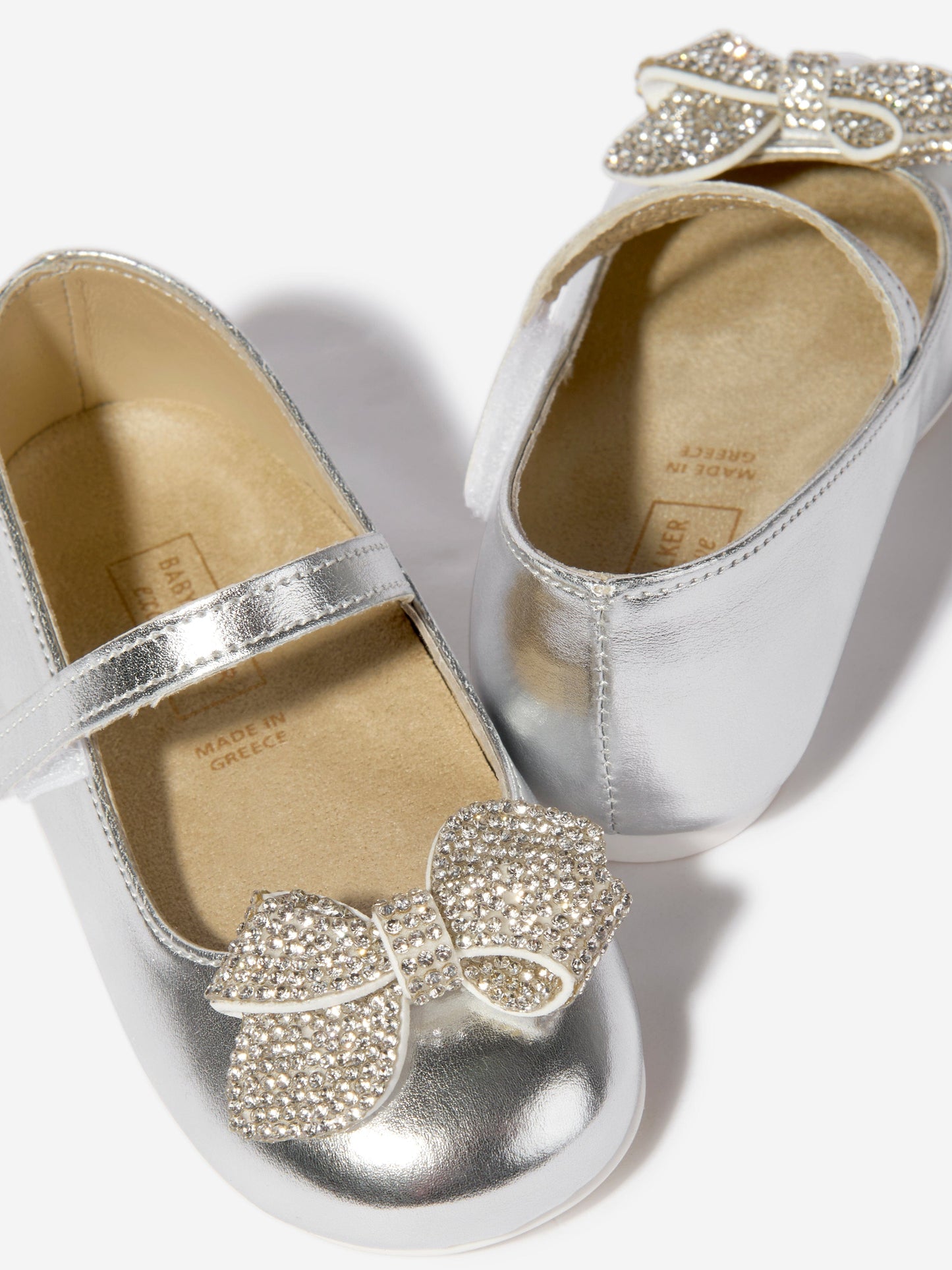 BABYWALKER Girls Leather Crystal Bow Ballerinas in Silver