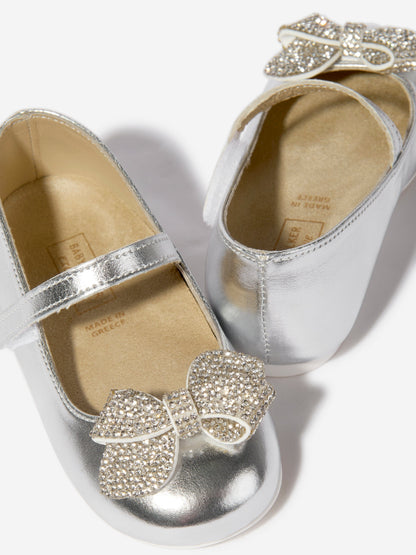 BABYWALKER Girls Leather Crystal Bow Ballerinas in Silver