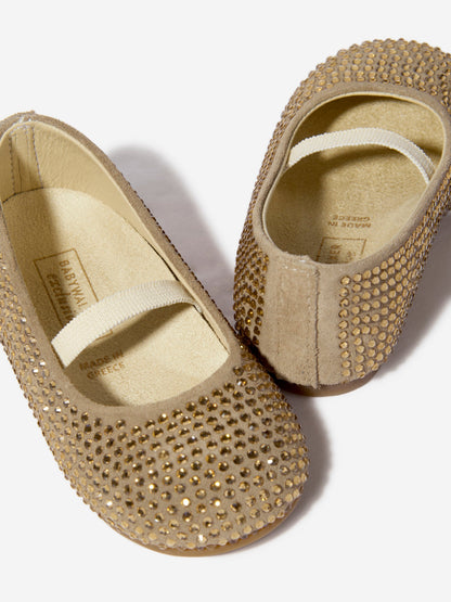 BABYWALKER Girls Suede Swarovski Crystals Allover Ballerinas in Beige