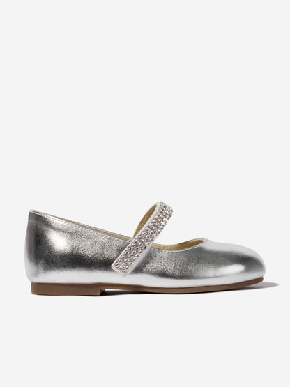 BABYWALKER Girls Swarovski Crystals Strap Ballerinas in Silver