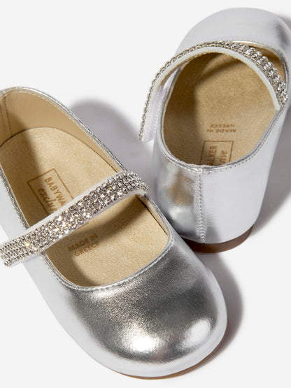 BABYWALKER Girls Swarovski Crystals Strap Ballerinas in Silver