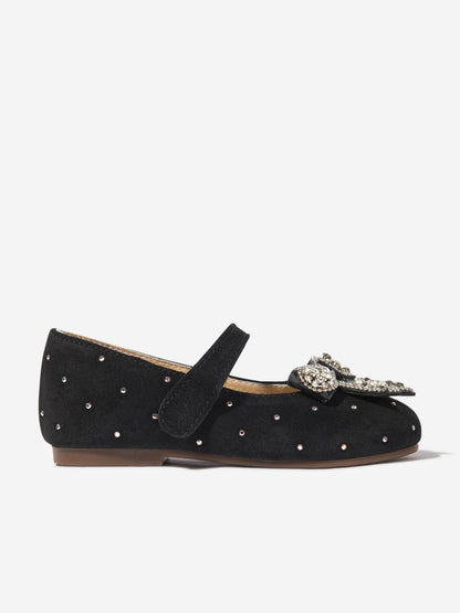 BABYWALKER Girls Suede Swarovski Bow Ballerinas in Black