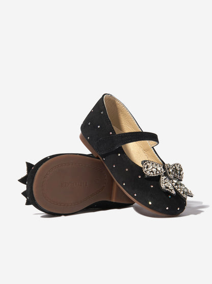 BABYWALKER Girls Suede Swarovski Bow Ballerinas in Black